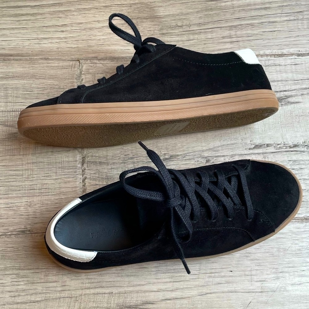 Freda Salvador Black Suede Sneakers Tan Gum Sole White Heel Accent Lace Up SZ 6